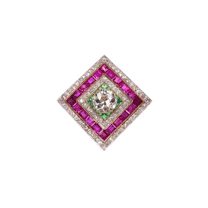 Diamond, emerald and ruby oblique square brooch-pendant | MasterArt
